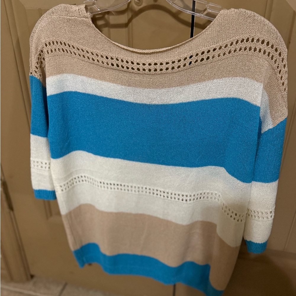 360 Sweater Striped Crew Neck in Blue, White, and Tan